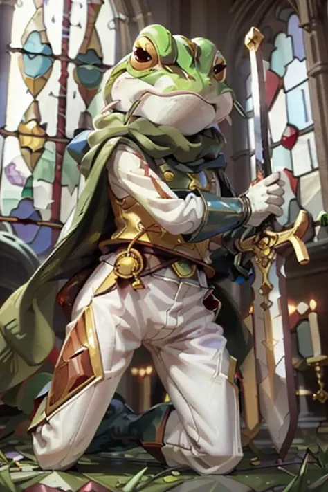 (masterpiece, best quality, highres, absurdres, ultra-detailed:1.2), <lora:Frog_CT:0.9>(1boy, anime, solo, Frog_CT, gold breastplate, holding sword and shield, glove, white pants, white longsleeve, green cape), (broadsword, kneeling, cathedral, stained glass window:1.4),