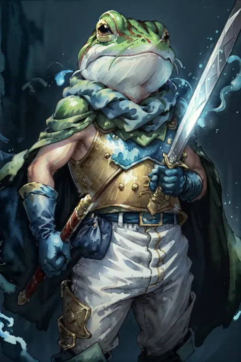 masterpiece, (watercolor \(medium\):1.2),<lora:IrisCompietStyle:0.8> , solo, 1boy, Frog_CT <lora:Frog_CT:0.8>, frog, gold breastplate, holding sword and shield, blue glove, white pants, green cape, blue lights, blue fire, dark scene