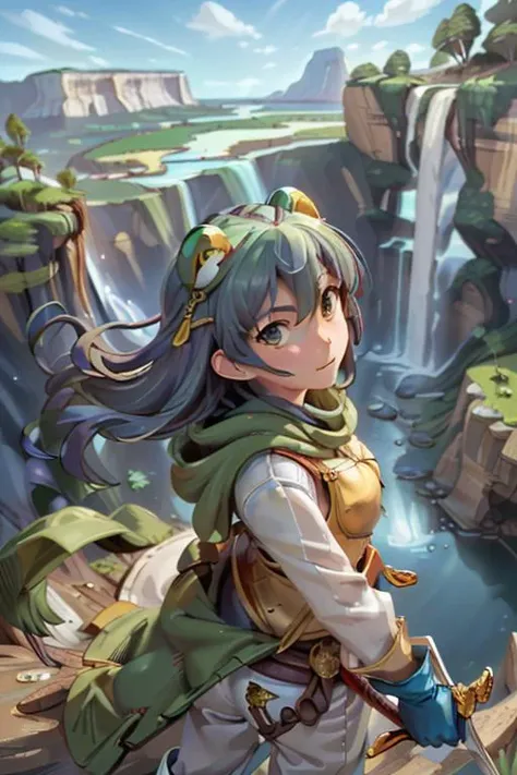 (masterpiece, best quality, highres, absurdres, ultra-detailed:1.2), <lora:Frog_CT:0.9>(1boy, anime, solo, Frog_CT, gold breastplate, holding sword and shield, glove, white pants, white longsleeve, green cape, cowboy shot, from above), (cliff, waterfall, blue sky, cave behind:1.4),