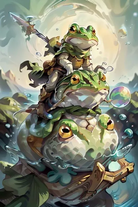 (masterpiece, best quality, highres, absurdres, ultra-detailed:1.2), <lora:Frog_CT:0.9>(1boy, anime, solo, Frog_CT, gold breastplate, holding sword and shield, glove, white pants, white longsleeve, green cape, cowboy shot), (fantasy, magical land, floating island, bubbles, water:1.4), <lora:riding_a:0.7>(riding on a enormous frog:1.3)