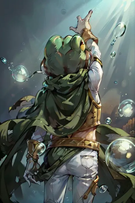 (masterpiece, best quality, highres, absurdres, ultra-detailed:1.2), <lora:Frog_CT:0.9>(1boy, cartoon, Frog_CT,  gold breastplate, glove, white pants, white longsleeve, green cape), (luminescent, big bubbles, underwater)