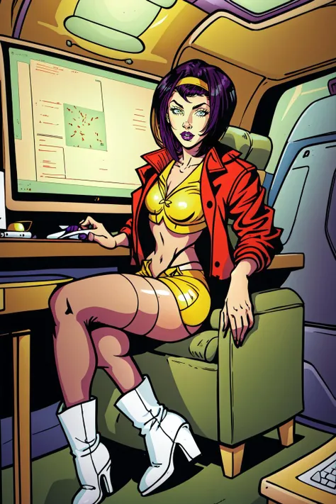 comic <lora:EmoFaceHentai:0.7>, 1girl, solo, cute, posing, tattoos, piercings:1.5, space pirate, hooded sweat, bikini top, flying a spaceship, cockpit, indoors, comic, graphic illustration, comic art, graphic novel art, vibrant, highly detailed