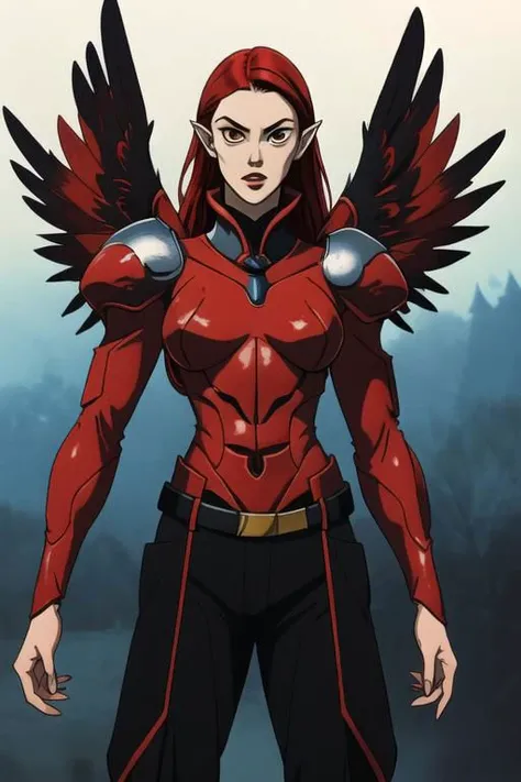 illustration,
fantasy world, horror,
1female, ghoul, rotten flesh, athletic, small breasts, point ear, point chin, feather, angel hybrid, wings instead hands,
pale skin, red skin,
white eyes, dark sclera,
short dreads, yellow-red hair, 
simple clothe, black and red clothe, shoulder and high collar armor plate, black skimpy pants,
standing and looking at viewer,
red white black blue colors,
dynamic light, 
ultra detail,
extremely detailed CG, 
full detail, 
realistic, 8k, 
micro intricate, 
masterpiece,
comicbookpencils,
by Kentaro Miura