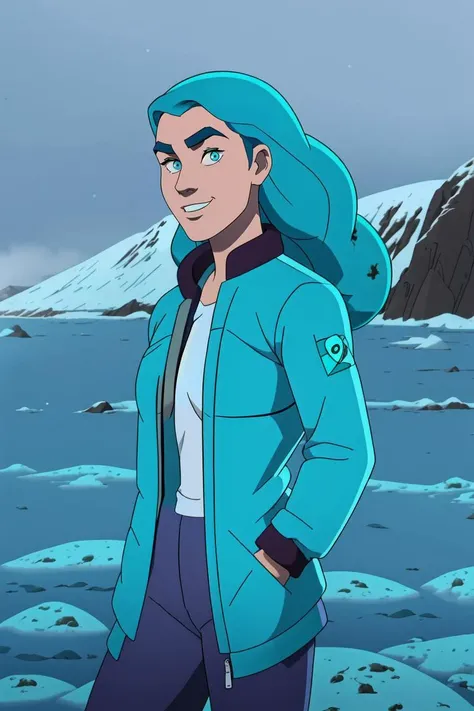 masterpiece, best quality, maddiekim, MIST, 1girl, 20 years old, adult body, (((Long curly (turquoise blue hair:1.3), blue eyes, blue eyebrows))), wearing a (white polar jacket :1.3) with fur on hem, exterior during a(blizzard:1.2), Norway rocky beach background, kindly looking at viewer, smiling caringly, solo, highres, western_cartoon aesthetic, highly detailed <lora:maddiekim:0.85>