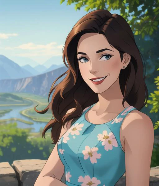 cartoon aesthetic, half body portrait, professional headshot, <lora:katnolanv2:0.8> katnolanv2, wearing a floral maxi dress, standing and posing in a scenic overlook at a national park, medium close up, sharp focus, simple art, 4k textures, even lighting, well lit, rich colors, looking at viewer, body facing camera, straight on shot, beatific smile, joyous grin, hair blowing in the wind, windswept hair