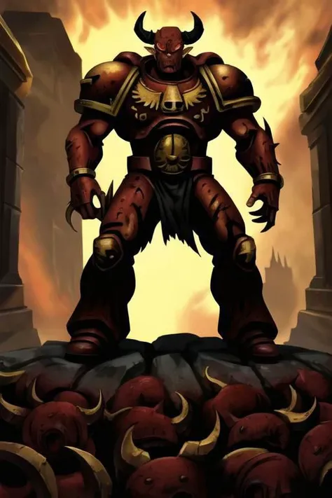 Art illustration,
tall muscular figure,
rotten flesh,
demonic theme,
space marine,
warhammer_chaos_spawn,
golden and black armor,
red eyes,
claws,
mutation,
dark fantasty,
horror,
horns,
red, black, white yellow colors,
dynamic light,
ultra detail,
extremely detailed CG,
realistic, 8k,
micro intricate,
masterpiece,
comicbookpencils,
warhammer-40k-drawing-style