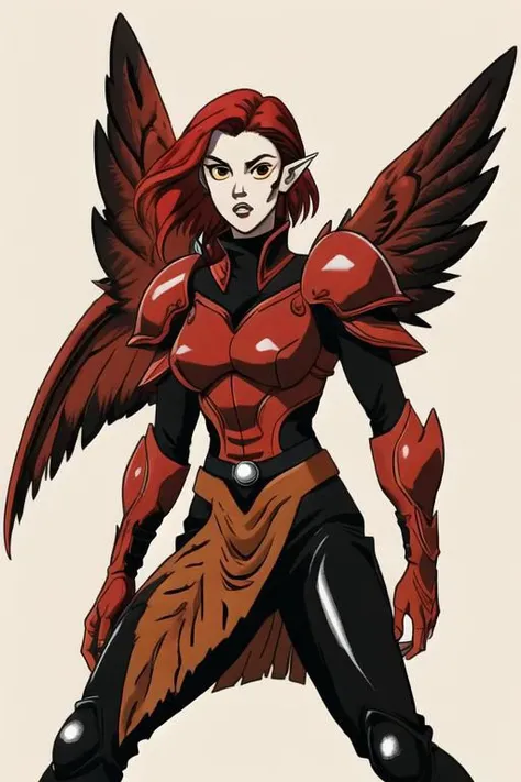illustration,
fantasy world, horror,
1female, ghoul, rotten flesh, athletic, small breasts, point ear, point chin, feather hair, hybrid, wings instead hands,
pale skin, red skin,
white eyes, dark sclera,
short dreads, yellow-red hair,
simple clothe, black and red clothe, shoulder and high collar armor plate, black skimpy pants,
standing and looking at viewer,
red brown black white colors,
dynamic light,
ultra detail,
extremely detailed CG,
full detail,
realistic, 8k,
micro intricate,
masterpiece,
comicbookpencils,
by Kentaro Miura