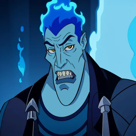 <lora:Hades_Disney:0.9>, Hades_Disney, (blue fire:1, fiery hair, blue fire), solo, 1boy, gray skin, elongated chin, tiny round yellow eyes, looking at viewer, upper body, disney aesthetic, pale gray skin, huge open mouth with tiny sharp teeth, extra long and big chin