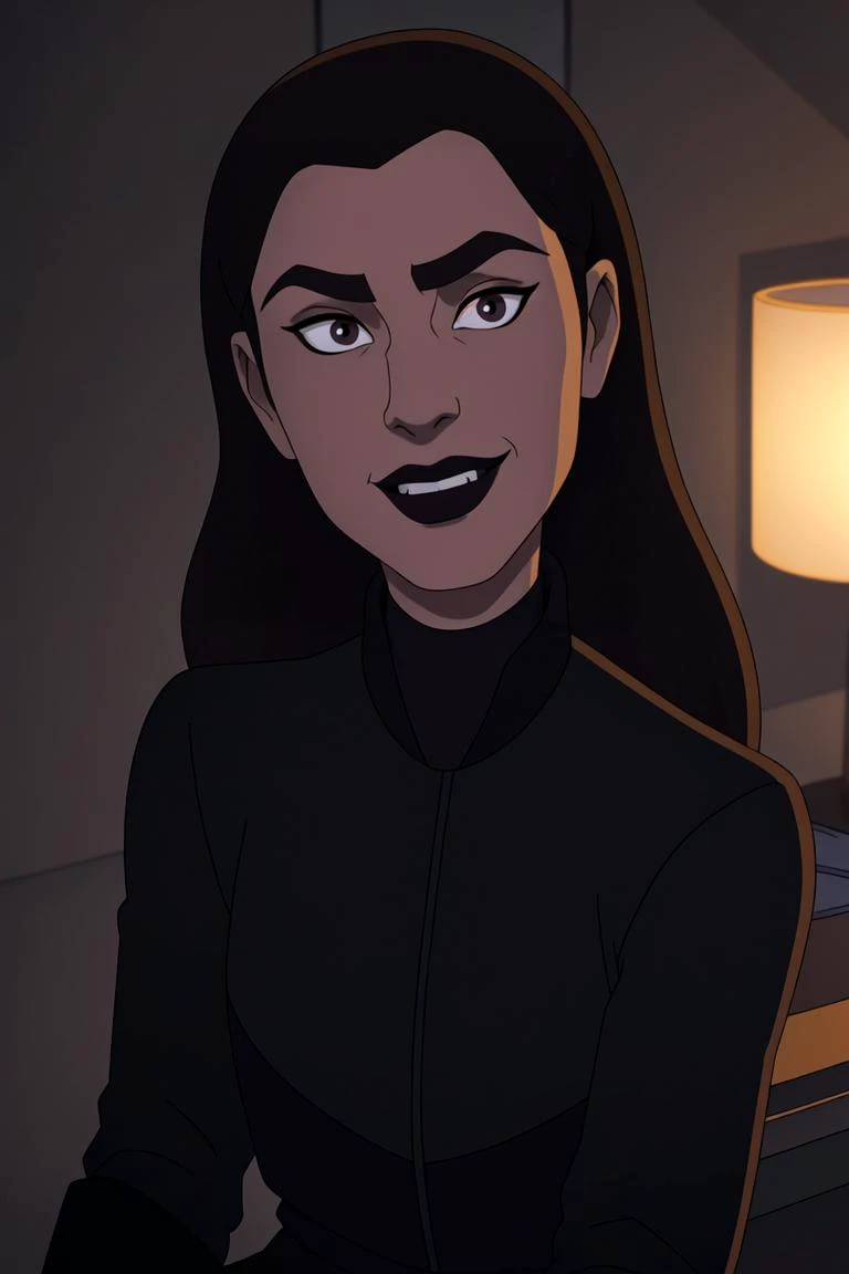 masterpiece, best quality, maddiekim, 1girl, 35 years old, mature body, dark makeup, black lipstick, dark hairliner (long hair combed back:1.3), black pants, high heeled boots, dark long sleeved jacket, interior of a futuristic penthouse apartment, kindly looking at viewer, smiling lovingly, solo, highres, western_cartoon aesthetic, highly detailed <lora:maddiekim:0.95>
