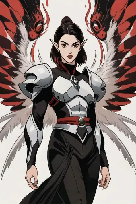 illustration,
1female, athletic, small breasts, point ear, point chin, hybrid,
pale skin,
white eyes, dark sclera,
short dreads, feather hair,
simple clothe, black and red clothe, shoulder and high collar armor plate, black skimpy pants,
standing and looking at viewer,
red brown black white colors,
dynamic light,
ultra detail,
extremely detailed CG,
full detail,
realistic, 8k,
micro intricate,
masterpiece,
comicbookpencils,
by Kentaro Miura