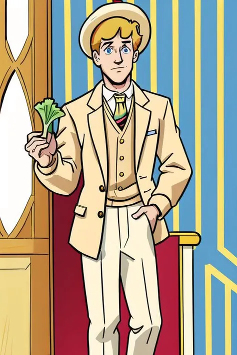 EdobArchieComicsArtStyle,
((masterpiece, intricate details, ultra-detailed, absurdres, best quality)),
(The Fifth Doctor), as portrayed by (Peter Davison), with (fair blond hair) and (blue eyes). He is wearing a (beige frock coat with scarlet piping) over a (cream cricket jumper) and (white dress shirt). He is wearing a (cream panama hat). He is also wearing (beige striped pants) and (white plimsolls). There is a (stick of celery) on his coat lapel.
He is aboard a (spaceship). He looks concerned.