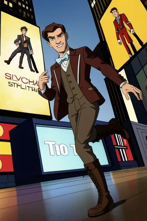 ben10,
((masterpiece, intricate details, ultra-detailed, absurdres, best quality)),
(The Eleventh Doctor), as portrayed by (Matt Smith), with (green eyes) and (brown hair). He is wearing a (brown tweed jacket) over a (white shirt with red stripes) and a (red bowtie). He is wearing (dark grey trousers) and (black lace-up boots).
He is dancing in (Times Square). He is grinning.