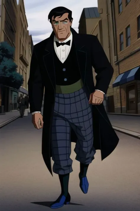 batman adventures,
((masterpiece, intricate details, ultra-detailed, absurdres, best quality)),
(The Second Doctor), as portrayed by (Patrick Troughton), with (unkempt black hair) and (soft green eyes). He is wearing an (battered old black frock coat) over a (rumpled white dress shirt) with (blue braces) and a (lopsided blue bowtie). His clothes are (disheveled). He is also wearing (baggy brown checkered trousers) and (black ankle boots).
He is running down a (city sidewalk).