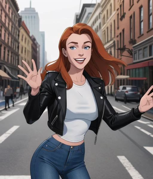 cartoon aesthetic, half body portrait, professional headshot, ErinSD15, wearing a tight tshirt and a leather jacket and low-rise jeans, standing and posing in a busy city street in new york city, medium close up, sharp focus, simple art, 4k textures, even lighting, well lit, rich colors, looking at viewer, body facing camera, straight on shot, beatific smile, joyous grin, hair blowing in the wind, windswept hair