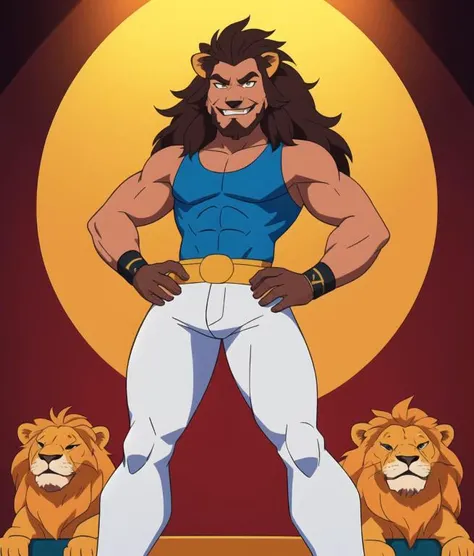 half body portrait, anthropomorphic lion, cute and friendly humanoid lion, 1boy lion standing upright, smile with fangs, wearing pants, hands on hips, fur covering entire body, happy and smiling lion, shot from below, 4k textures, epic artistic, cartoon art, saturday morning cartoon aesthetic, sharp focus, even lighting, insane details, simple drawing, rich colors, staring at viewer, looking into camera, angled camera, wrestler in a wrestling ring, perfect eyes