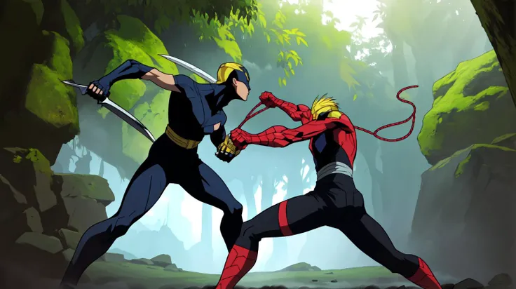 two people, Marvel's Magik Blonde woman girl wearing black, showing skin. Big glowing sword, fight scene, punching in location: chameleon jungle <lora:fight_scene-09:1>, combat stance, (Masterpiece:1.3) (best quality:1.2) (high quality:1.1)