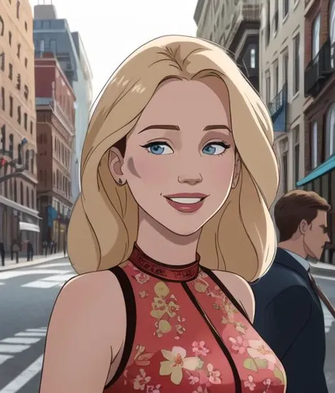cartoon aesthetic, half body portrait, professional headshot, jenniferLaw1, wearing a floral maxi dress, standing and posing in a busy city street in new york city, medium close up, sharp focus, simple art, 4k textures, even lighting, well lit, rich colors, looking at viewer, body facing camera, straight on shot, beatific smile, joyous grin, hair blowing in the wind, windswept hair
