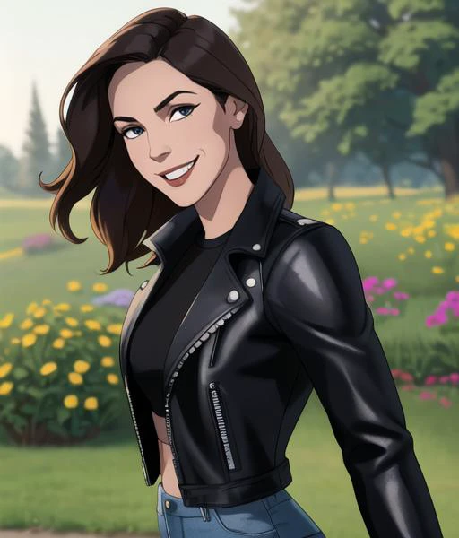 cartoon aesthetic, half body portrait, professional headshot, <lora:katnolanv2:0.8> katnolanv2, wearing a tight tshirt and a leather jacket and low-rise jeans, standing and posing in a beautiful park full of flowers and trees, medium close up, sharp focus, simple art, 4k textures, even lighting, well lit, rich colors, looking at viewer, body facing camera, straight on shot, beatific smile, joyous grin, hair blowing in the wind, windswept hair