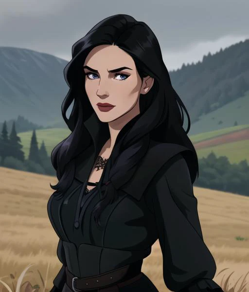 cartoon aesthetic, half body portrait, professional headshot, <lora:WitcherYennefer:0.65> witcheryennefer with long black hair wearing black clothing, wearing a floral maxi dress, standing and posing with rolling countryside in the background, medium close up, sharp focus, simple art, 4k textures, even lighting, well lit, rich colors, looking at viewer, body facing camera, straight on shot, serious expression, hair blowing in the wind, windswept hair