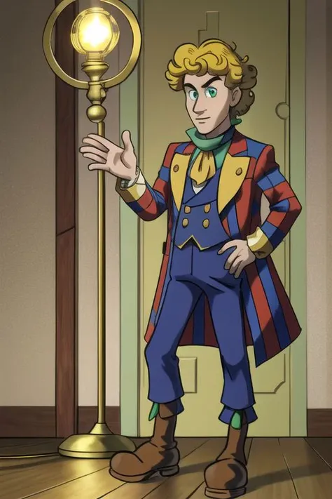 ((masterpiece, intricate details, ultra-detailed, absurdres, best quality)),
(The Sixth Doctor), as portrayed by (Colin Baker), with (curly blond hair) and (green eyes). He is wearing a (vibrant multi-coloured and red patchwork coat) over a (light blue vest) and (white dress shirt) with a (blue cravat). He is also wearing (yellow trousers with black stripes) and (green boots).
He is standing inside a (power plant). He looks arrogant.