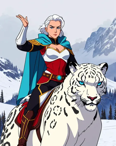 western anime aesthetic, fantasy aesthetic, athletic woman with white hair wearing leather armor and long pants and a cloak, riding on the back of a huge snow leopard, empty hands, heroic pose in the snowy mountains, tiny breasts, (flat chest:1.1), perfect eyes