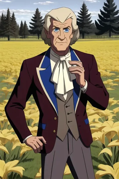 wyatt,
((masterpiece, intricate details, ultra-detailed, absurdres, best quality)),
(The Third Doctor), as portrayed by (Jon Pertwee), with a (white bouffant) and (blue eyes). He has a (pointed nose) and a (pronounced chin). He is wearing a (maroon velvet jacket) over a (white frilled shirt) with a (black cravat). He is also wearing (grey trousers) and (black riding boots).
He is striking a (fighting pose) in a (farm field). He looks serious.