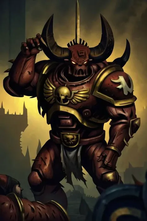 Art illustration,
tall muscular figure,
rotten flesh,
demonic theme,
space marine,
warhammer_chaos_spawn,
golden and black armor,
red eyes,
claws,
mutation,
dark fantasty,
horror,
horns,
red, black, white yellow colors,
dynamic light,
ultra detail,
extremely detailed CG,
realistic, 8k,
micro intricate,
masterpiece,
comicbookpencils,
warhammer-40k-drawing-style