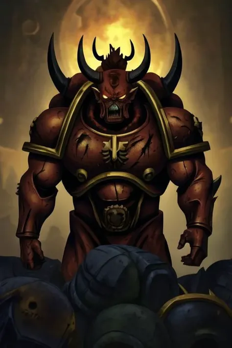 Art illustration,
tall muscular figure,
rotten flesh,
demonic theme,
space marine,
warhammer_chaos_spawn,
golden and black armor,
red eyes,
claws,
mutation,
dark fantasty,
horror,
horns,
red, black, white yellow colors,
dynamic light, 
ultra detail,
extremely detailed CG, 
realistic, 8k, 
micro intricate, 
masterpiece,
comicbookpencils,
warhammer-40k-drawing-style