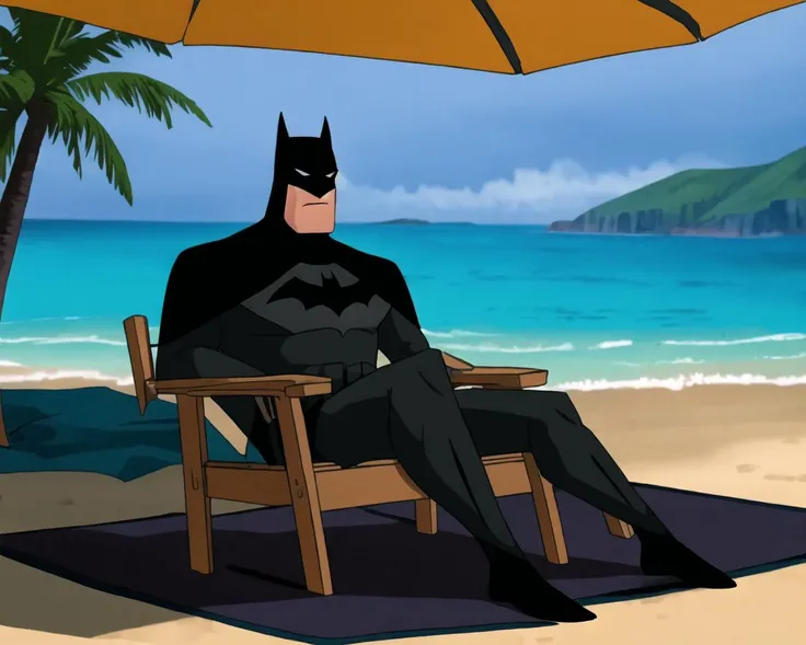 full body shot, <lora:batman:0.7>, Batman sitting reclined in a beach chair, facing the ocean, margarita, tropical beach, sunny day, male focus, black bodysuit, long black cape, superhero, batman cowl, 1boy, sharp focus, 4k textures, even lighting, well lit, rich colors, looking at viewer, body facing camera, straight on shot, scowl, angry