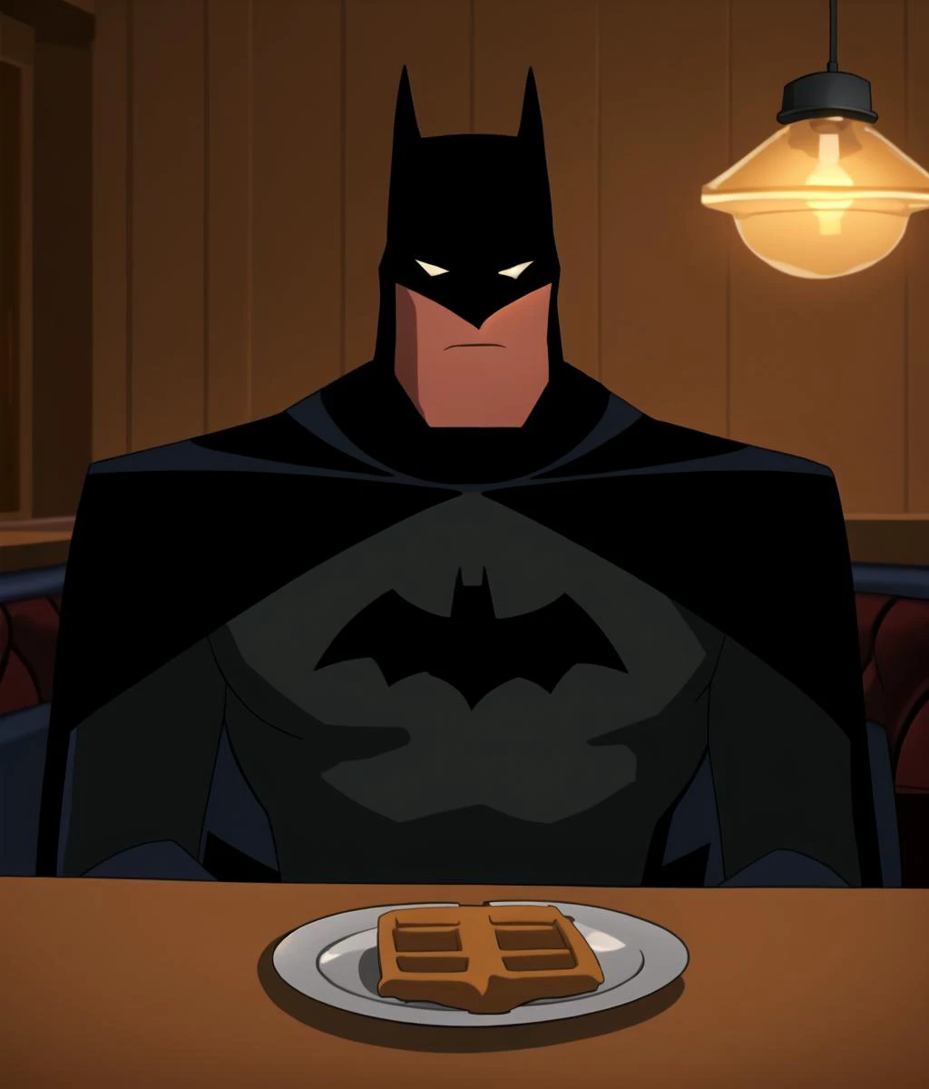 three quarters portrait, <lora:batman:0.75>, Batman sitting in a booth in a diner, eating waffles, plate of waffles on the table, male focus, black bodysuit, long black cape, superhero, 1boy, sharp focus, 4k textures, even lighting, well lit, rich colors, looking at viewer, body facing camera, straight on shot, scowl