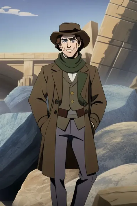 starwarsadv,
((masterpiece, intricate details, ultra-detailed, absurdres, best quality)),
(The Fourth Doctor), as portrayed by (Tom Baker), with (curly brown hair) and (blue eyes). He has a (large nose) and a (round chin). He is wearing a (dark brown frock coat) over a (white dress shirt) and (olive green vest). He is wearing a (wide-brimmed brown fedora) and a (long, multi-colored knit scarf). He is also wearing (grey trousers) and (black loafers).
He is in a (rock quarry). He is grinning.