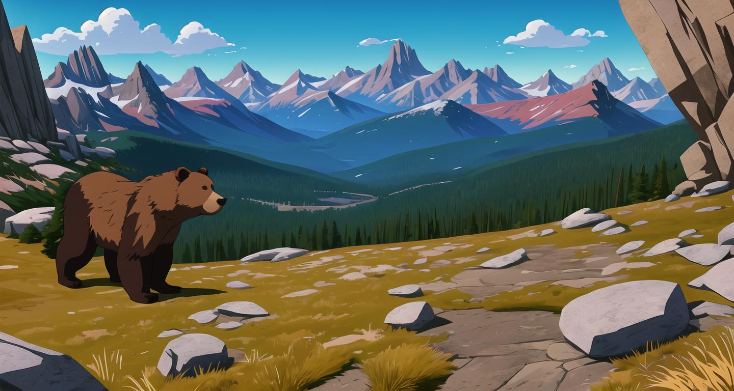 There is a bear that is standing on a hill with mountains in the ...