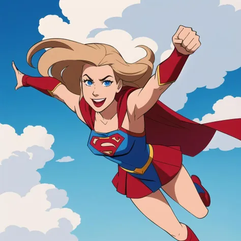 full body portrait, college age supergirl, wearing a supergirl costume and long red cape flying through the clouds, flying horizontal with fist outstretched, happy smile, clouds and blue skies background, flying at high speed, action shot, 1girl with long dark_blonde hair and small breasts, square jaw and petite figure, 4k textures, epic artistic, cartoon art, saturday morning cartoon aesthetic, sharp focus, even lighting, insane details, intricate details, hyperdetailed, rich colors, staring at viewer, looking into camera