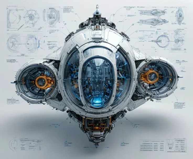 (sketches:0.6), Realistic 3D blueprint, (Futuristic 3D infographic:1.4), of futuristic sci-fi huge spacecraft, oval glass front, blue neon trim lights, (knolling:1.4), warp engines, (formulas and annotations, schematic by parts:1.3),autocad, revit, 3D sections and plans (white background:1.2), (gold trim:0.02), Schematic detail, trending artstaion, xk3mt1ks, futscribe, ftsc, technical sketch