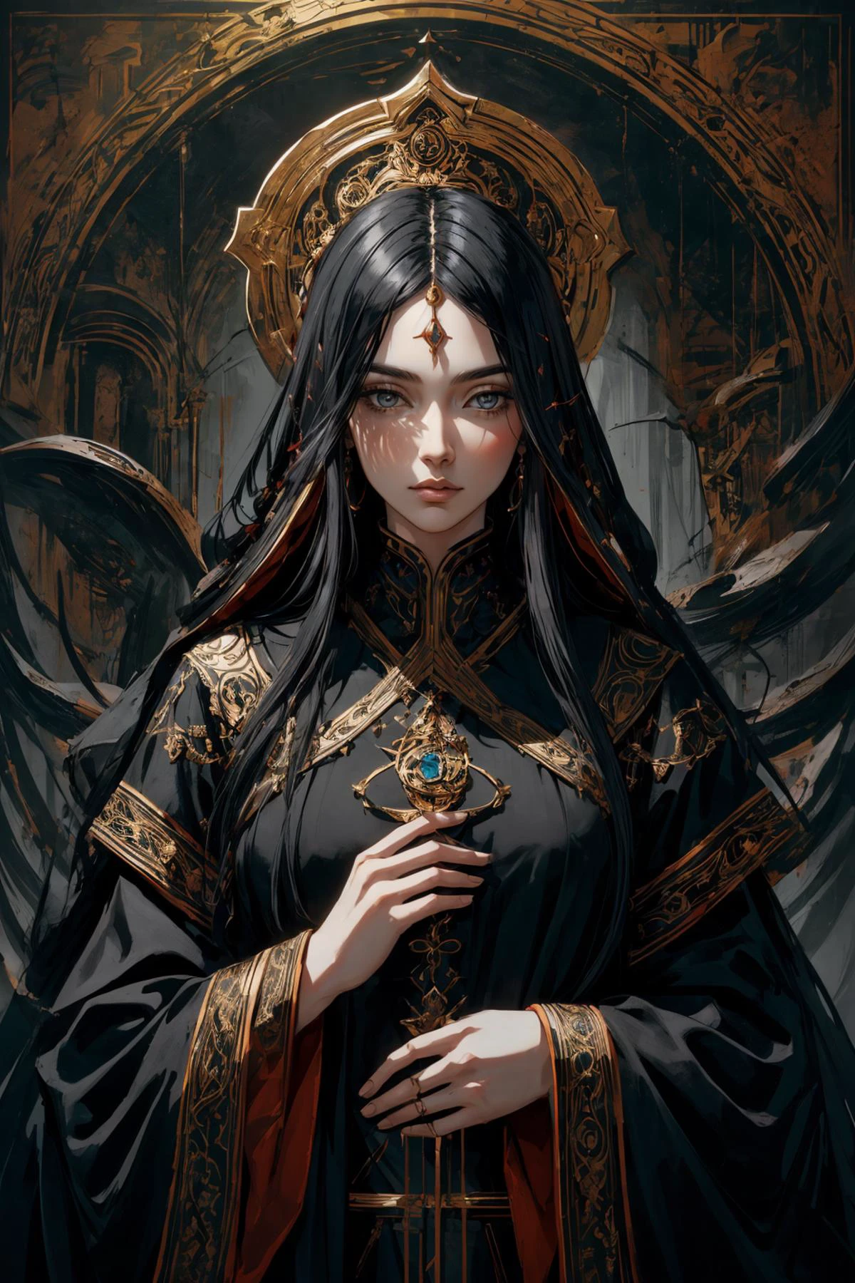 (Neo-Byzantine, grand decorative religious style, Orthodox Christian inspired, Neo-Byzantine,:1.1)
maximum details, cinematic, (abstract art:1.1), stylized, <lora:add_detail:0.5>, <lora:epi_noiseoffset2:0.5>,
1 girl, adult czech woman, coral eyes, gray layered hair,
(Style-SwampMagic:0.4), portrait, solo, upper body, looking away, detailed background, detailed face, (<lora:MongolPunkAI:0.6>, MongolPunkAI, mongolian theme:1.1), fungal druid, serene, black clothing, nature, vines, swarm of butterflies, field of mushrooms in background, eerie night, dewdrops, moonlight, ethereal atmosphere,
<lora:xk3mt1ks:1.0>, xxk3mt1ks style,