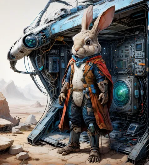 A close up of a rabbit in a suit standing in front of a spaceship ...