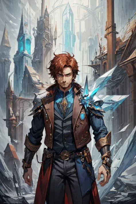 maximum details, cinematic, (abstract art:1.1), stylized, deep shadow, <lora:add_detail:0.5>, <lora:epi_noiseoffset2:0.5>,
(1man, masculine adult male:1.2), dark brown eyes, copper hair, shaggy hair,
(style-swirlmagic:0.8), portrait, solo, half shot, looking at viewer, detailed background, detailed face, (<lora:SteamPunkBundleV3:0.4>, cogpunkai, cogpunk theme:1.1), frost wizard, blue-white color scheme, wearing elaborate blue spellcaster vest, mournful expression, realm of frost, controlling ice, floating particles, crystal shards, arcane glyphs, frozen magic cricle in background, aurora borealis, elemantal blizzard, serene atmosphere,
<lora:xk3mt1ks:1.0>, xxk3mt1ks style,