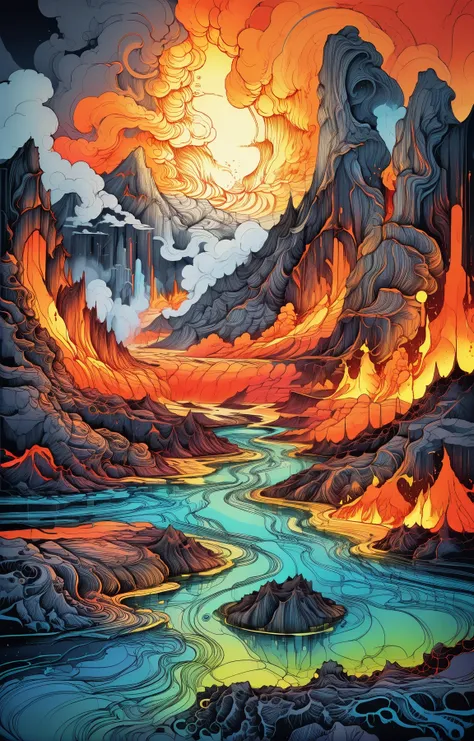 line art drawing, <lora:xk3mt1ks:1> Molten Lava alien landscape, the surface is covered in molten lava, with active volcanoes spewing fiery eruptions and noxious gases, scorching hot (in the style of xk3mt1ks:1.4) over a dichroic background