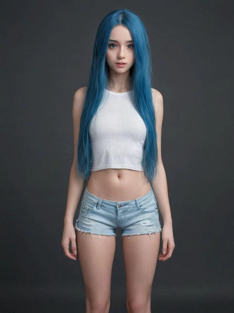 Hyperrealistic art <lora:veryLongHair:0.5> cute girl, beautiful, skinny,  muscular,  asian,  doll, aged down, medium breast, pale skin, vlh, long_hair, white top, shorts, blue hair . Extremely high-resolution details, photographic, realism pushed to extreme, fine texture, incredibly lifelike