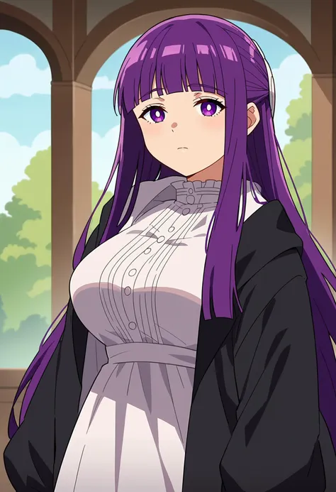 score_9, score_8_up, <lora:brj-fern-pony-v0.5:1> ,1girl, solo, fern \(sousou no frieren\), large breasts, long hair, purple hair, half updo, blunt bangs, purple eyes,, anime screencap, anime coloring, source_anime