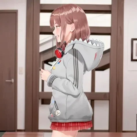 <lora:NanamiLora:1>,((8k, RAW photo, best quality, masterpiece:1.2)), ((realistic, photo-realistic:1.1)), ultra-detailed, nanami,gray hoodie,whole_body,1 girl,cute,solo,(smile:1.1),from_side