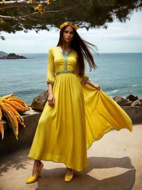Beauty photo,
<lora:NessaDevil_v1.0:1> NessaDevil
female in a fantasy seascape theme with natural light dappled lighting, detailed long hair hairstyle, rule of thirds, detailed eyes, (modest (tumeric-yellow colored:1.2) maxi dress:1.2)
in style of
Steven Meisel Fashion, Portraiture, Celebrity Medium Format, Soft Lighting, Natural Colors Edgy, Dynamic, Innovative Studio, Outdoors, Urban Locations, nook, cove,