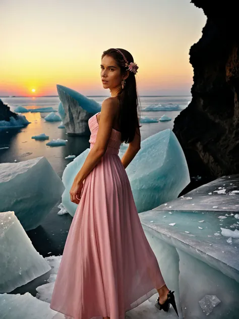Beauty photo,
<lora:NessaDevil_v1.0:1> NessaDevil, from side,
female in a fantasy foggy seascape theme with golden hour, detailed updo brown hair hairstyle, rule of thirds, detailed eyes, (modest (ice pink colored:1.2) spring maxi dress:1.2)
in style of
Steven Meisel Fashion, Portraiture, Celebrity Medium Format, Soft Lighting, Natural Colors Edgy, Dynamic, Innovative Studio, Outdoors, Urban Locations, nook, cove, cave opening, stalactite, stalagmite,