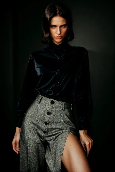<lora:NessaDevil_v1.0:1> NessaDevil in a (dynamic pose:1.2)
(female in a studio theme),Beauty photo, facing viewer,
with (
( Button down and cigarette pants Mules Aviators J. Crew
:1.2)
Asymmetric Bob, hairpin
:1.1) hairstyle, (head tilt,:1.2)
detailed hair strand, ear, detailed upper torso, detailed eyes, detailed pupils, detailed iris, detailed nose, detailed lips, ears, detailed sideburns, eye reflection, ray tracing, path tracing,
in style of
Richard Avedon Portrait Large-format camera, high-quality lenses Simple backgrounds,
<lora:epiC35mm:1> epiCPhoto, (plunging neckline:-1) dark studio background,