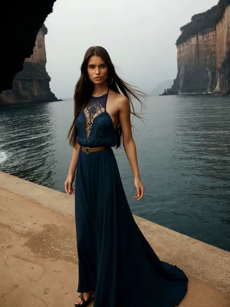Beauty photo,
<lora:NessaDevil_v1.0:1> NessaDevil
female in a fantasy foggy seascape theme with golden hour, detailed long hair hairstyle, rule of thirds, detailed eyes, (modest (navy blue colored:1.2) summer maxi dress:1.2)
in style of
Steven Meisel Fashion, Portraiture, Celebrity Medium Format, Soft Lighting, Natural Colors Edgy, Dynamic, Innovative Studio, Outdoors, Urban Locations, nook, cove, cave opening, boats,
