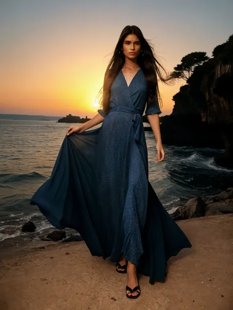 Beautiful woman wearing dress dancing on the beach at midnight
