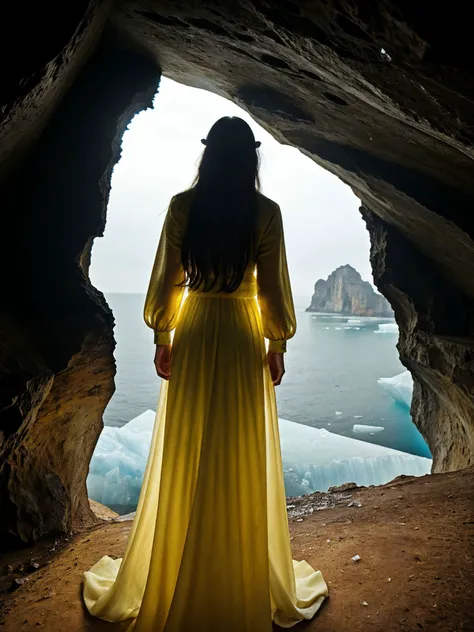 Beauty photo,
<lora:NessaDevil_v1.0:1> NessaDevil, from behind,
female in a fantasy foggy seascape theme with golden hour, detailed long hair hairstyle, rule of thirds, detailed eyes, (modest (ice yellow colored:1.2)  spring maxi  dress:1.2)
in style of
Steven Meisel   Fashion, Portraiture, Celebrity Medium Format, Soft Lighting, Natural Colors    Edgy, Dynamic, Innovative       Studio, Outdoors, Urban Locations, nook, cove, cave opening, stalactite, stalagmite,