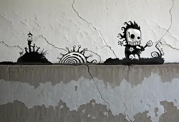 graffiti on a crumbling and cracked old wall with weather old paint of a black and white line drawing of a skelewag style, skelewag merman, <lora:Skelewags_Style_XL:1>