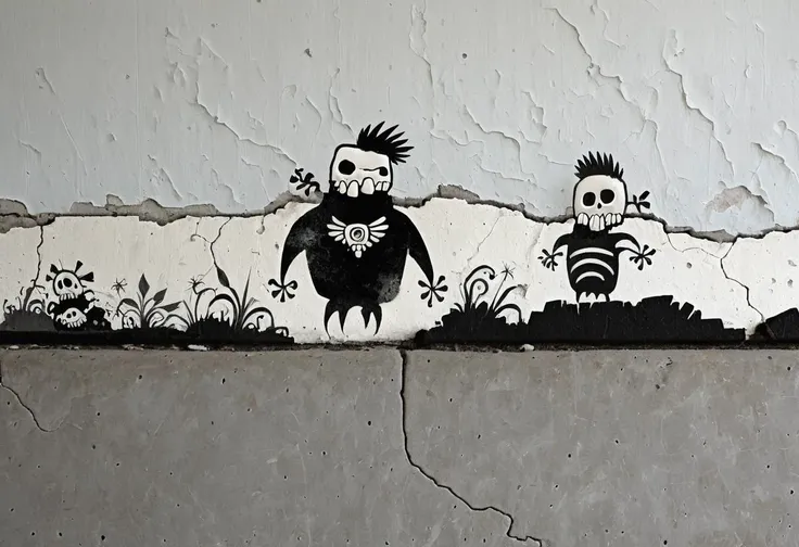 graffiti on a crumbling and cracked old wall with weather old paint of a black and white line drawing of a skelewag style, skelewag thunderbird, <lora:Skelewags_Style_XL:1>