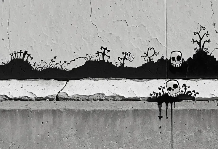 graffiti on a crumbling and cracked old wall with weather old paint of a black and white line drawing of a skelewag style, skelewag enenra, <lora:Skelewags_Style_XL:1>